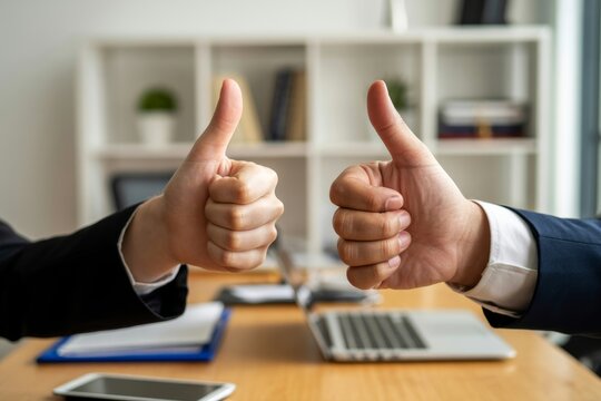 Two businessmen giving thumbs up in a modern office setting with a laptop and paperwork