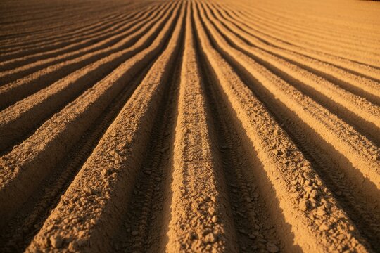 Vast field of plowed soil with neatly arranged rows of furrows at sunset
