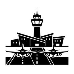 Obraz premium Airport terminal building vector, control tower with airplanes, aviation travel icon