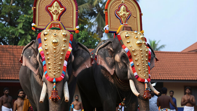 Majestic Indian elephant pair, adorned with ornate golden Nettipattam and vibrant caparison, at a lively Kerala temple festival. Capturing rich culture and tradition in South India