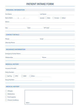 Modern patient intake form template with structured sections, checkboxes, and clean clinical layout. Ideal for healthcare offices, clinics, administration, and printable documentation use.