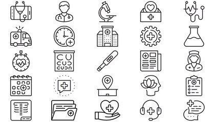 25 Medical and Healthcare Vector Icon Set Collection, Minimalist Black Line Symbols for Hospital, Science, Laboratory, Telemedicine, Doctor, Nurse, Mental Health, Clinic, and First Aid Bundle. © MohimaAfriz