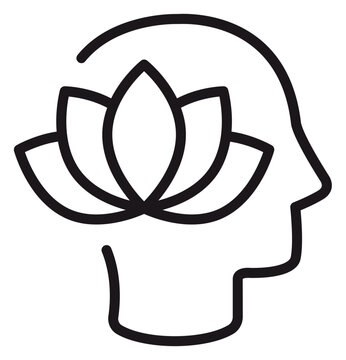 Mindfulness and Mental Health Vector Icon Illustration: A Minimalist Black Line Art Symbol of a Human Head Profile with a Lotus Flower, Representing Peace, Zen, Meditation, and Wellness.