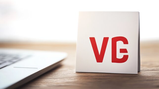 Box with letters vg on desk with a laptop