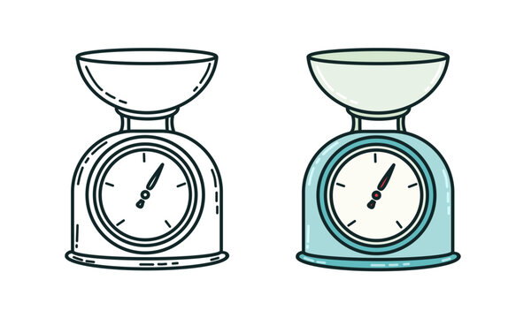 Vintage kitchen scale vector set. Outline and layered mechanical weighing machine in flat linear style, retro bakery equipment svg.