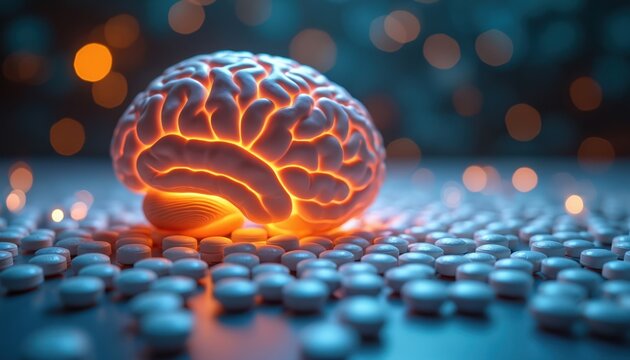 Glowing brain model sits on pile of white pills. Medical treatment for mental health or brain function. Medicine aids cognitive processes and relaxation.