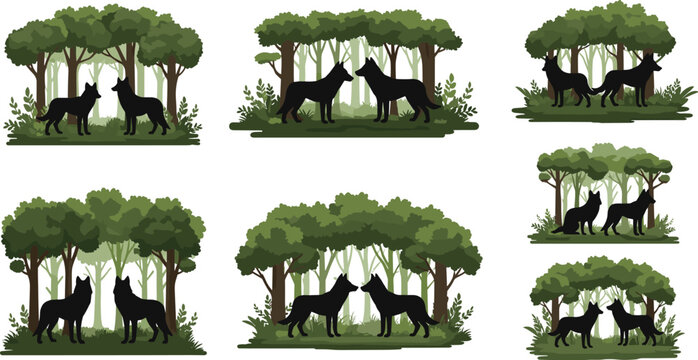 Silhouette wolves in forest vector illustration set with trees nature wildlife scenes black animal collection design