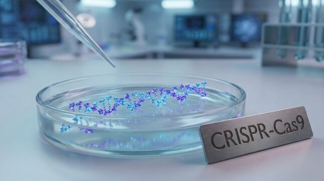 Targeted DNA manipulation and genome editing with CRISPR Cas9 system, visualizing molecular structure repair mechanism, scientific precision engineering in biotechnology laboratory research