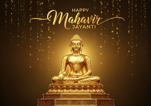 A serene golden statue of lord mahavir depicted in a meditative pose for happy mahavir jayanti