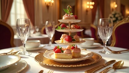 Fototapeta premium Tiered stand holds small cakes topped with cream and fresh strawberries. Table set with fine porcelain glassware and gold cutlery for elegant tea party.