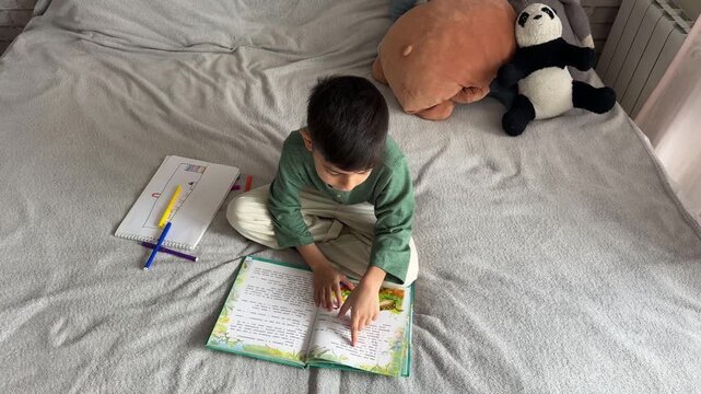 Small boy reading a book