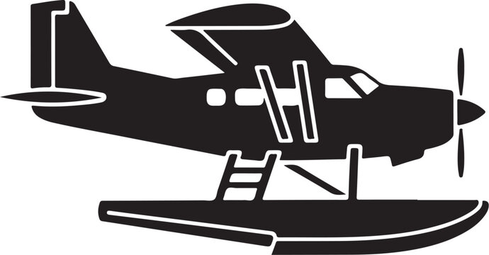Black seaplane, float plane icon, airplane silhouette, vector aircraft