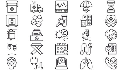 25 Medical and Healthcare Vector Icon Set, Minimalist Black Line Collection featuring Stethoscope, DNA, Microscope, Ambulance, First Aid Kit, Heartbeat, Lungs, Brain, Pharmacy, and Telemedicine. © MdYesin
