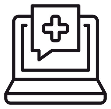Telemedicine and online healthcare vector icon illustration featuring a laptop with a medical cross inside a speech bubble, representing digital medical consultation and remote health services.