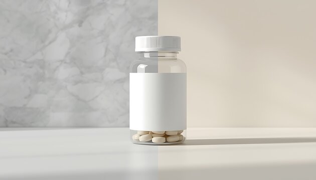 A white pill bottle with a blank label on a clean surface