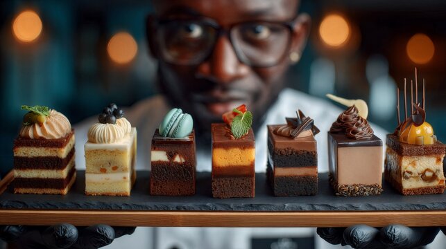 Chef presenting a set of assorted gourmet mini cakes and petit fours on slate tray