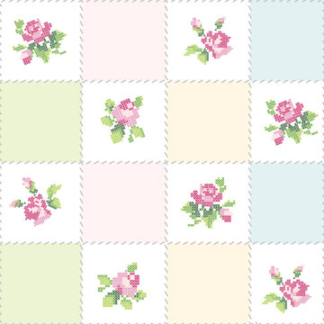 Seamless Patchwork Pattern Cross Stitch Roses Embroidery Floral Quilt Background Pastel Vector