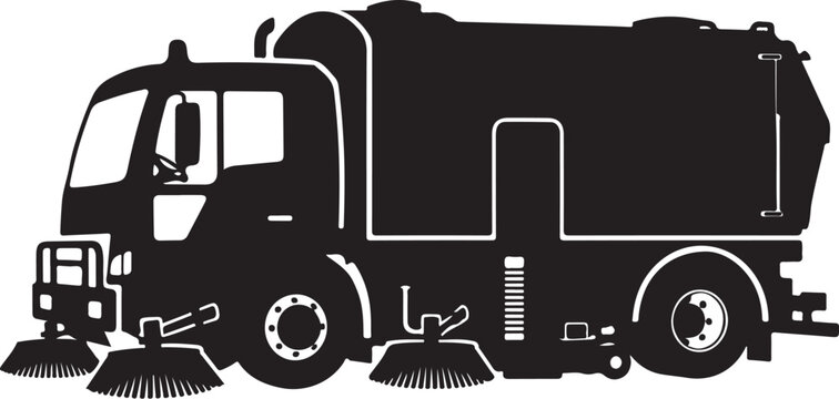 Street Sweeper Truck, Urban Cleaning Vehicle, City Maintenance, Black Vector Icon