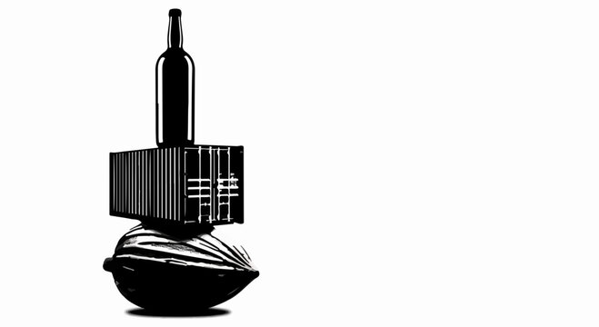 Precarious balance of wine bottle, cargo container, and globe suggests global trade challenges.