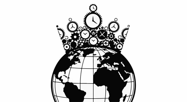 Global clockwork crown atop stylized Earth symbolizes time's dominion over the world.