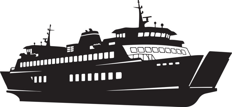 Black silhouette ferry boat, passenger ship icon, vector ferry, transportation symbol