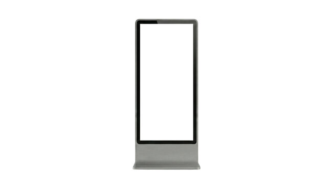 Digital information kiosk totem with blank screen mockup. Isolated on transparent background, png
