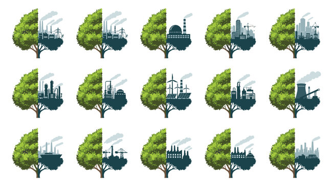 Collage of Trees with Half Green Foliage and Half Industrial City Silhouettes