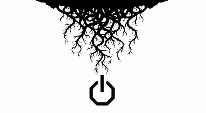 Entangled roots transform into a power button, symbolizing nature's energy and control.