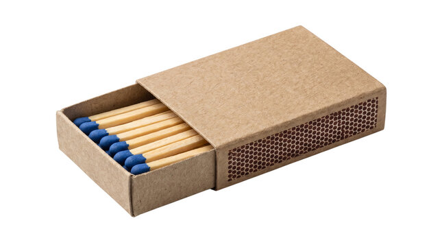 Open matchbox with a blank cover, revealing blue-tipped matches. Isolated on transparent background, png
