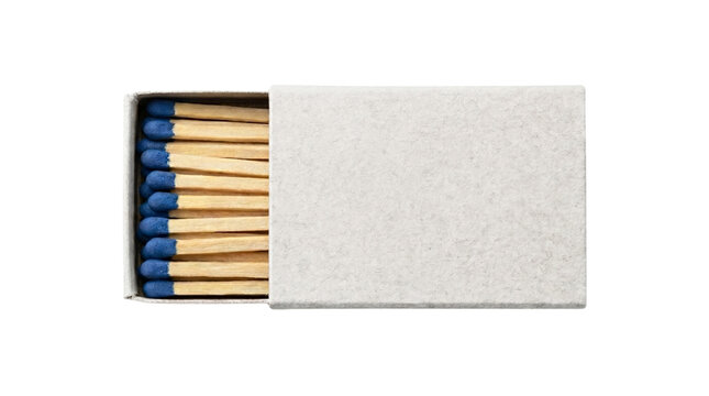 Open matchbox with a blank cover, revealing blue-tipped matches. Isolated on transparent background, png
