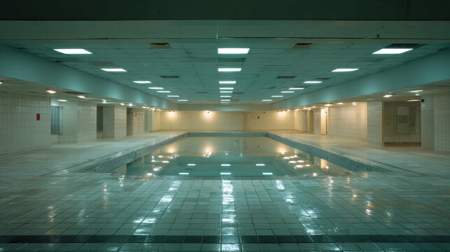 Empty indoor swimming pool with cold cinematic lighting, symmetrical hall of wellness center with reflection on water, minimalist liminal space background