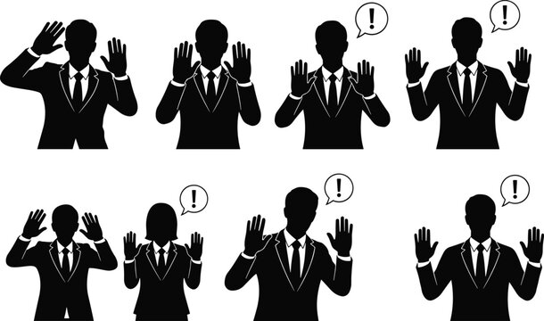 Set of black silhouette business people raising hands up with speech bubbles and exclamation marks.