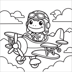 Fototapeta premium Cute pilot frog flying a vintage biplane coloring page for kids