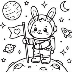 Cute bunny astronaut on the moon coloring page for kids vector. © Sima
