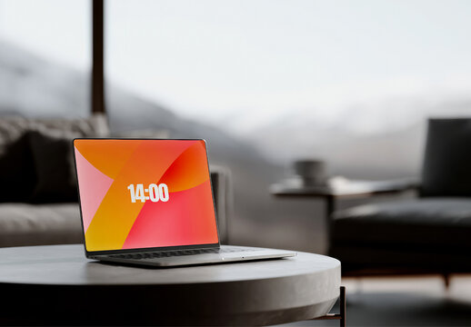 Laptop on Marble Table in Living Room Interior Mockup