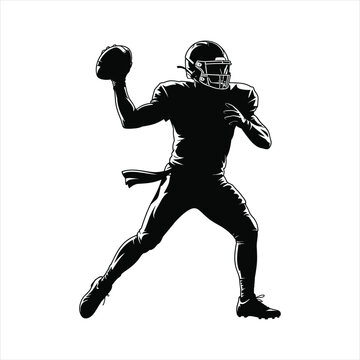 Silhouette of American football quarterback throwing ball, athletic action, white background