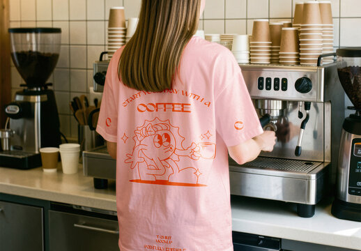 Barista Wearing T-Shirt Preparing Coffee in Cafe Interior Mockup