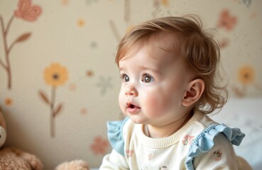 Naklejka premium Cute baby girl with light brown hair looks to the side with curious expression. Small child wears light clothes with floral pattern. Baby sits indoors near teddy bear on wall with flowers.