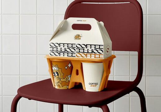 Takeaway Coffee Packaging Set on Modern Chair Mockup