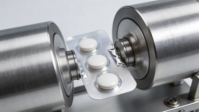 Pills in blister pack on manufacturing machine
