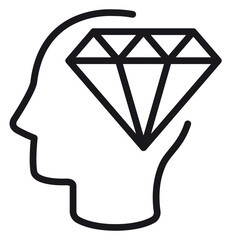 Black vector icon illustration of a human head profile with a diamond symbol inside, representing brilliant ideas, mental value, precious thoughts, intelligence, and cognitive wealth. © MD