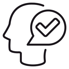 Minimalist Black Line Art Vector Icon of a Human Head Profile with a Checkmark Inside a Speech Bubble, Representing Positive Thinking, Decision Making, Mental Health Approval, and Success. © MD