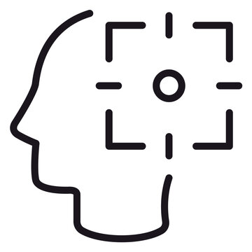 Human head profile with target crosshair symbol vector icon. Concept of mental focus, goal setting, concentration, and strategic vision. Minimalist black line art illustration for business.