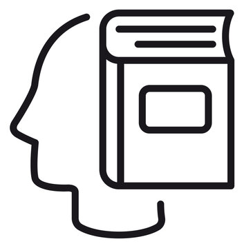 Minimalist vector icon illustration of a human head profile integrated with a book, symbolizing education, knowledge, learning, reading, intellectual growth, and academic study on white background.