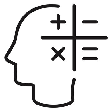 Black vector icon illustration of a human head profile with mathematical symbols including plus, minus, multiply, and equals, representing mental calculation, logic, and problem-solving skills.