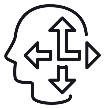 Black line art vector icon of a human head silhouette with four arrows pointing in different directions, symbolizing decision making, mental orientation, cognitive thinking, and versatility.