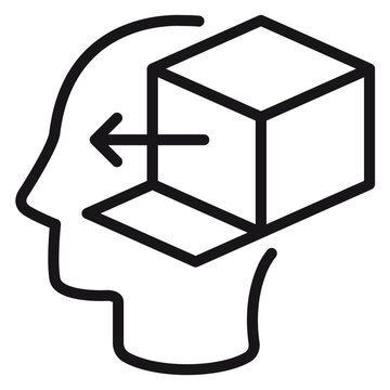 Creative Thinking Outside the Box Vector Icon Illustration Featuring a Human Head Profile with an Open Cube and Arrow Symbolizing Innovation, Idea Generation, and Mental Processing Concepts.