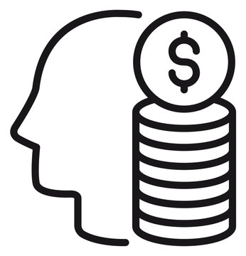 Black vector icon of a human head profile next to a stack of coins with a dollar symbol, representing financial mindset, wealth management, and investment concepts. Scalable minimalist graphic.