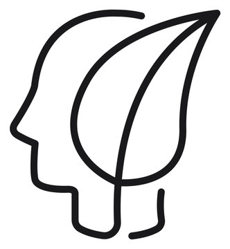 Minimalist vector icon of a human head profile combined with a leaf, representing eco-friendly mindset, sustainability, mental health, and nature connection, black line art illustration isolated.