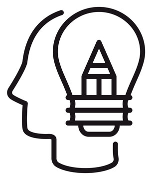 Creative thinking and design concept vector icon featuring a human head profile silhouette with a light bulb and pencil tip inside, symbolizing innovation, brainstorming, and artistic ideas.